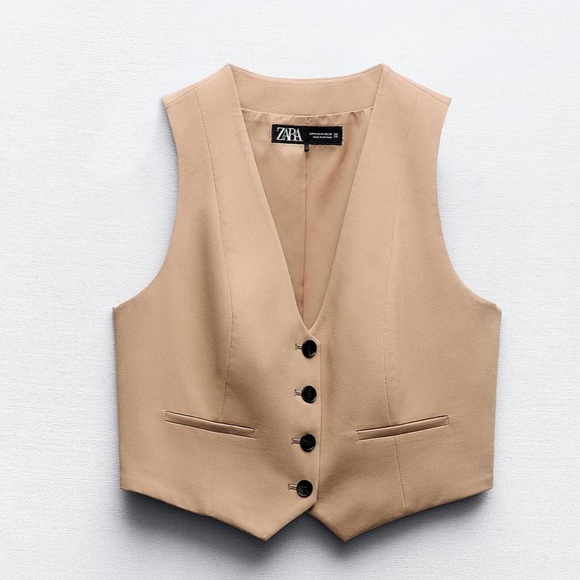 Zara NWT tan camel vest waistcoat with black button front - Picture 9 of 9